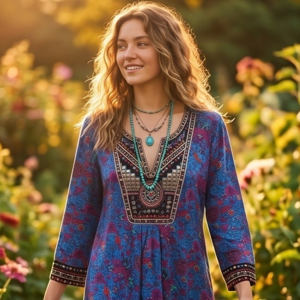 Soft Surroundings L Embroidered Floral Tunic Top Blue Pink Boho Beaded Large